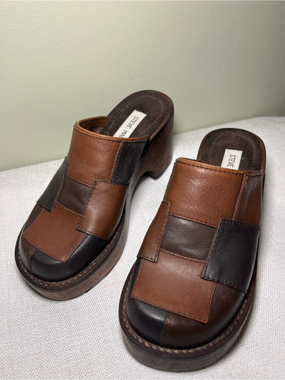 Vintage Y2K Steve Madden Curlie Brown Patchwork Leather Slip-On Clogs Size 6